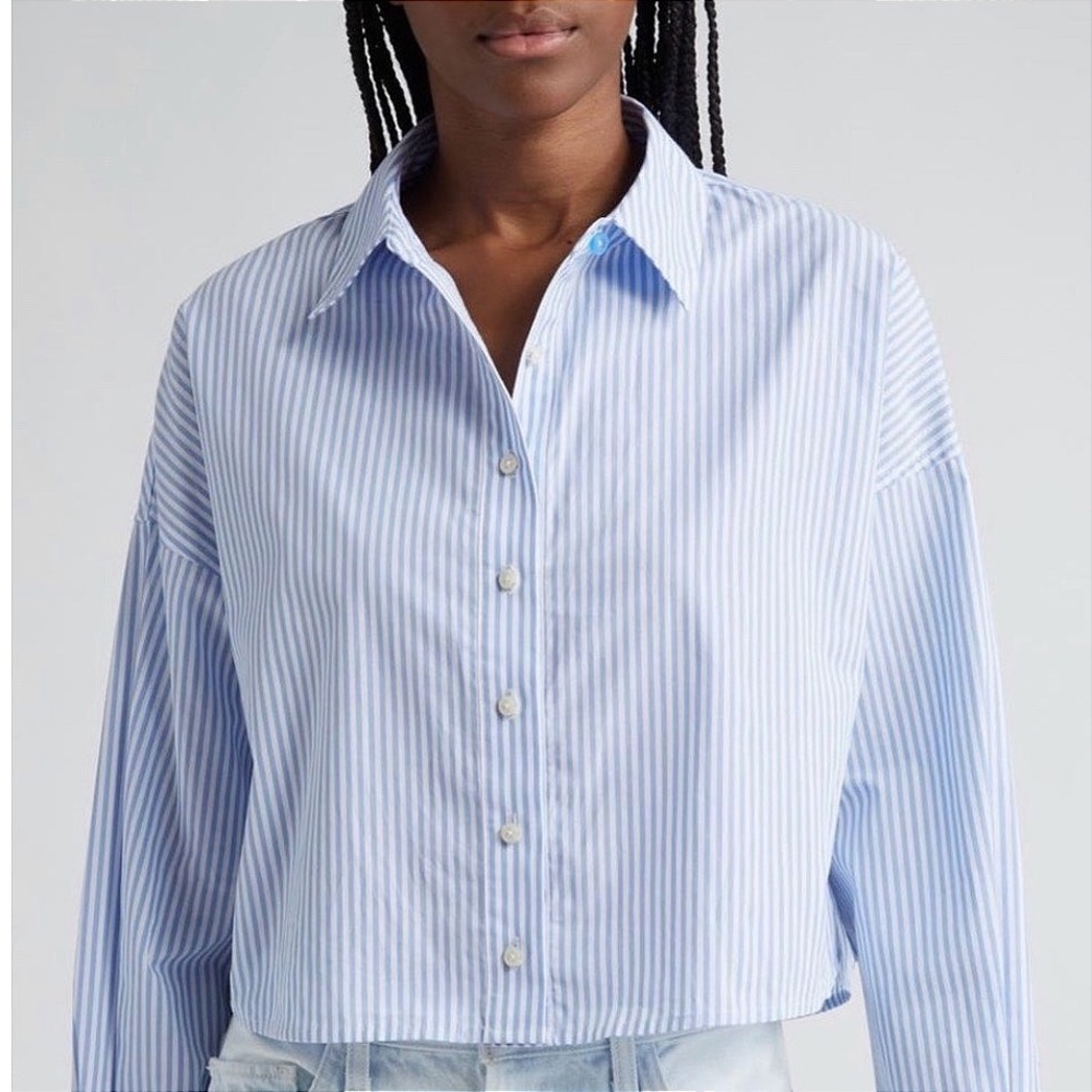 Favorite Daughter The Crop Stripe Cotton Button-Up Shirt Blue M - Picture 2 of 15